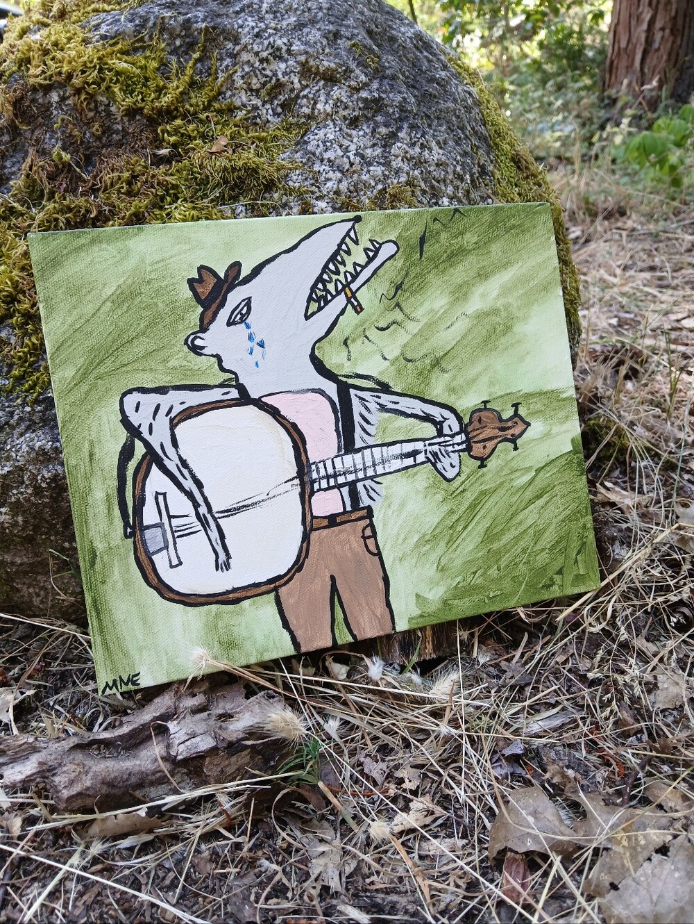 Possum Playing Banjo Painting Folk Art
